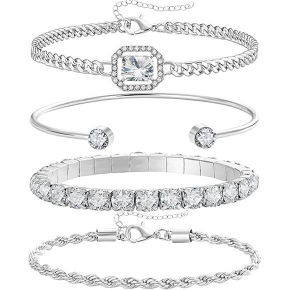 4 Pcs Dainty Gold Silver Bracelets Set for Women 14K Plated Link Cubic Zirconia - Picture 6 of 6